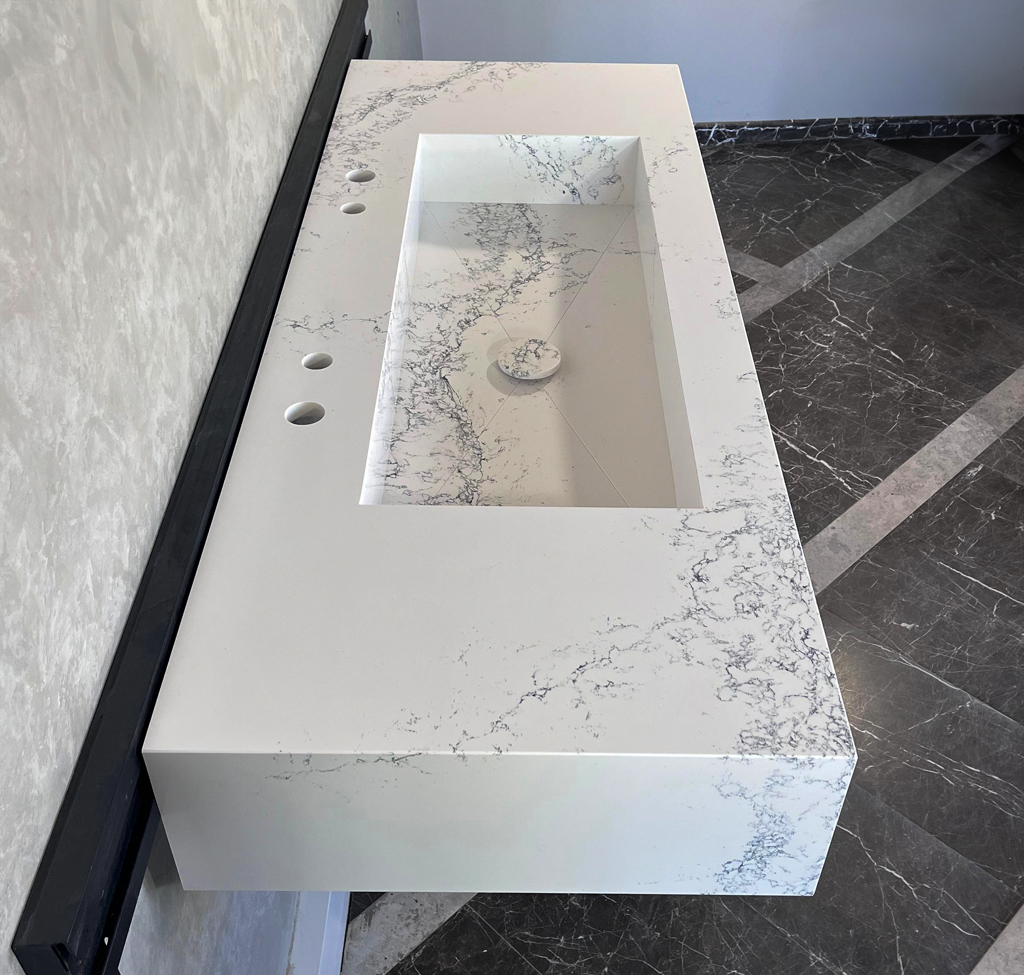 Custom Handcrafted Calacatta Riviera Quartz Kitchen Sink - White with Grey Veining