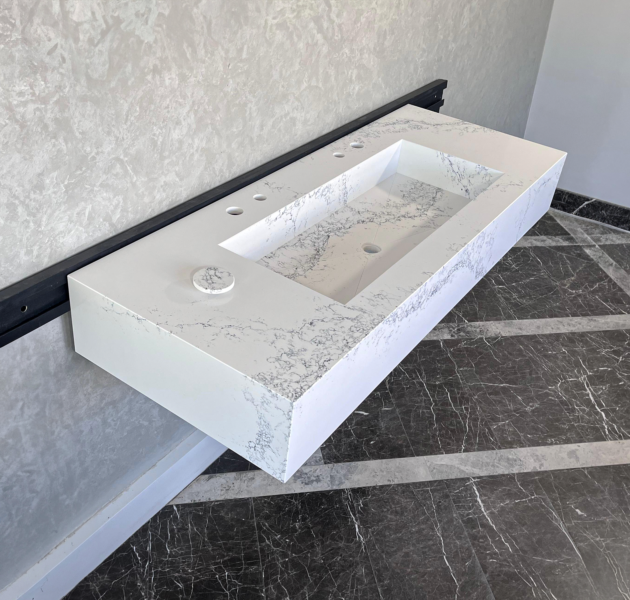 Custom Handcrafted Calacatta Riviera Quartz Kitchen Sink - White with Grey Veining