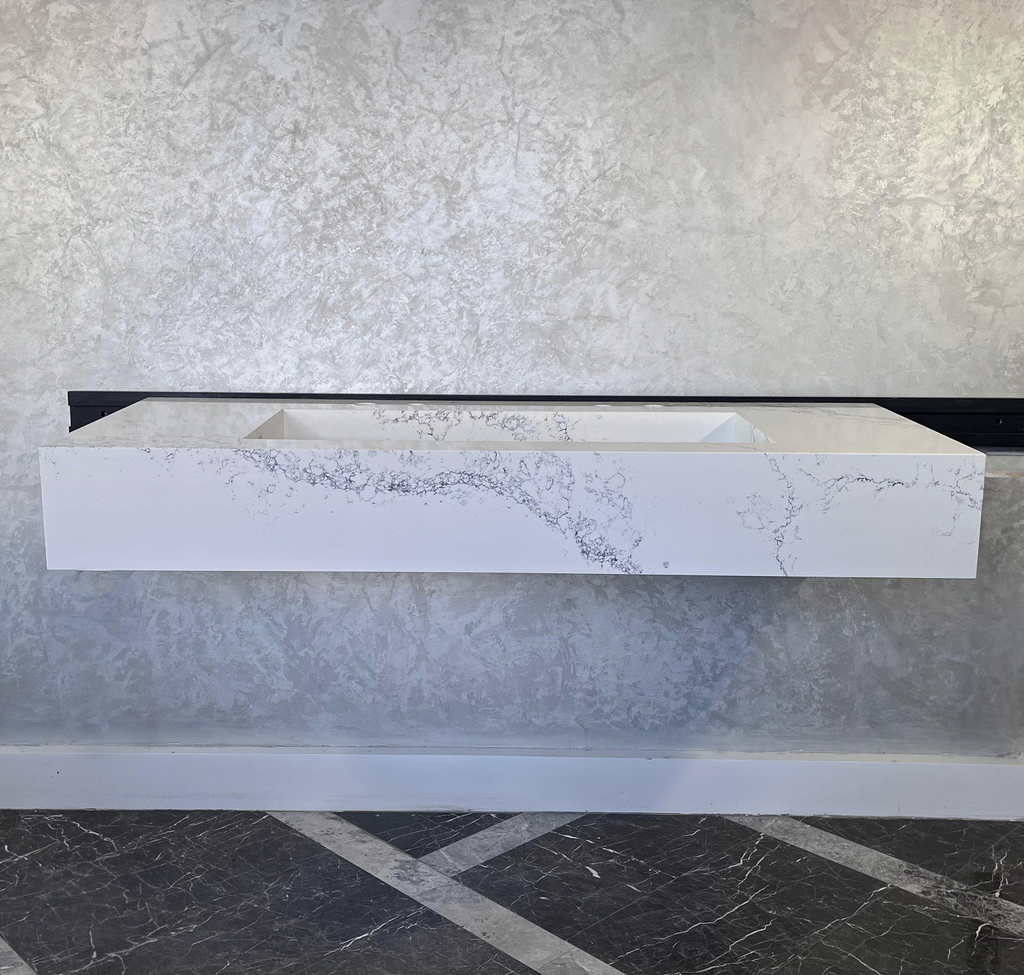 Custom Handcrafted Calacatta Riviera Quartz Kitchen Sink - White with Grey Veining