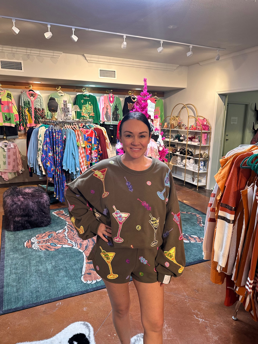 Queen of Sparkles Olive Green Multi Martini Short