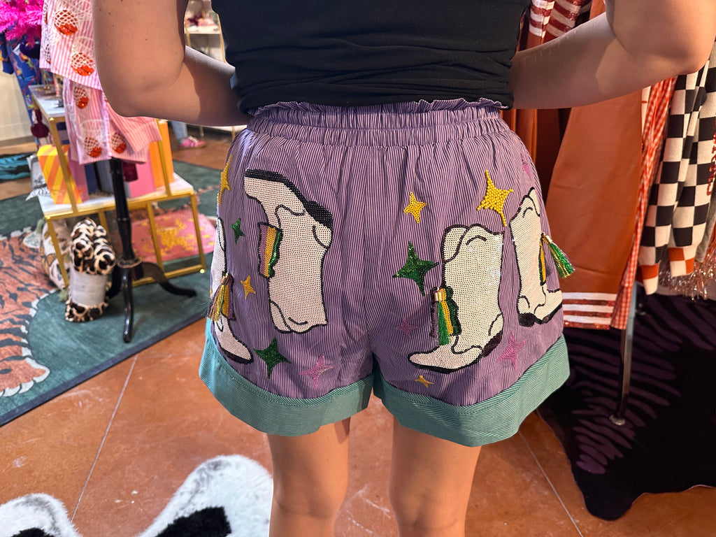 Queen of Sparkles Green &
Purple Stripe
Colorblock Mardi Gras Boot Shorts