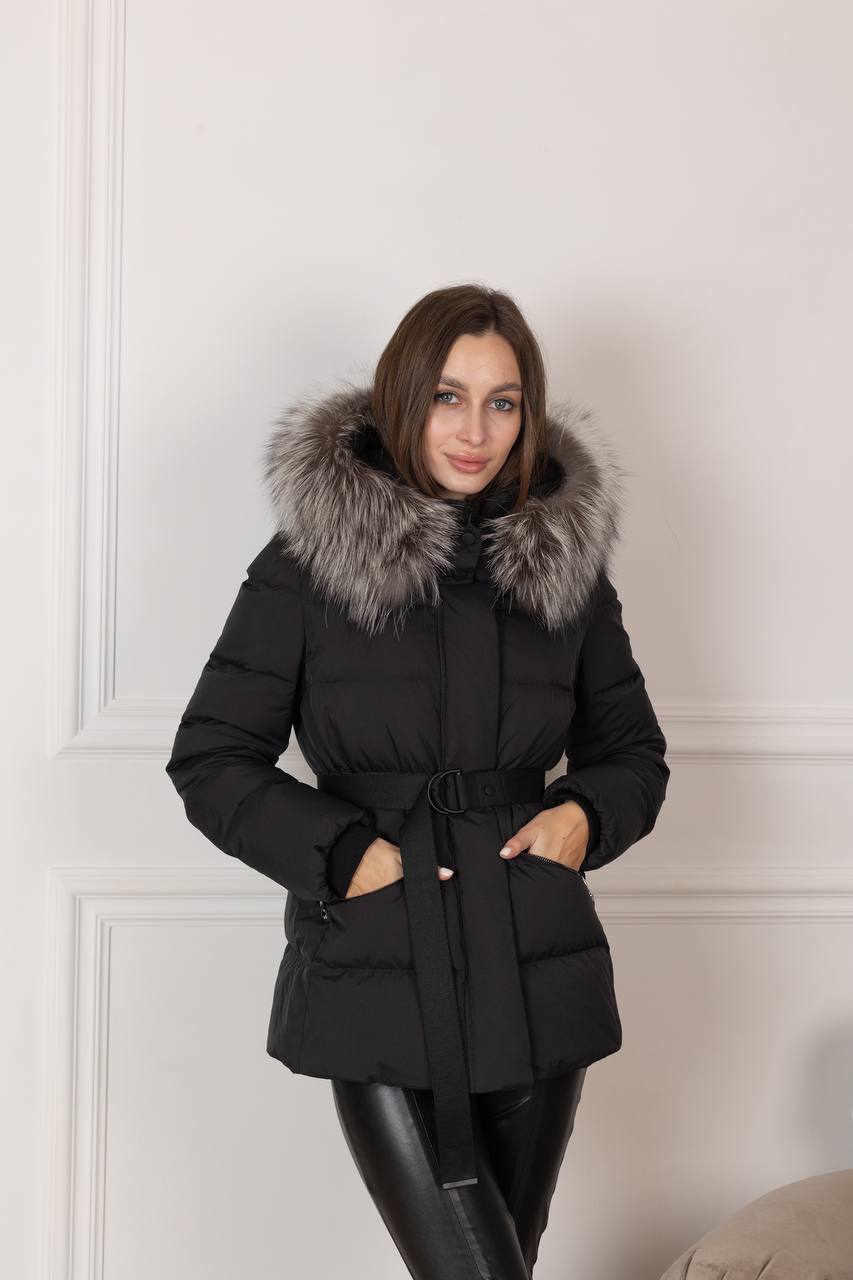 Noir Genuine Silver Fox Fur Down Fill Coat