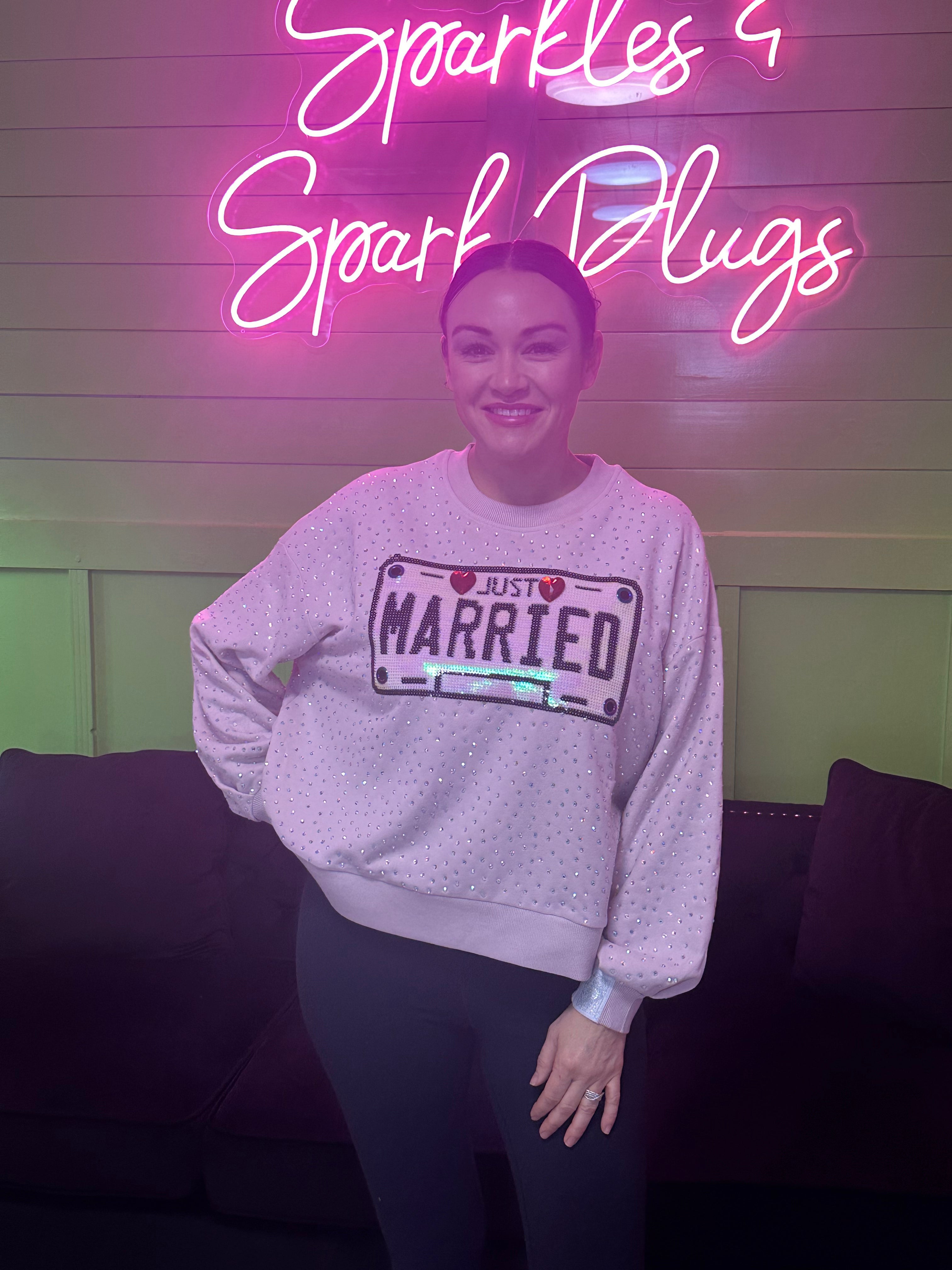 Queen of Sparkles Pale Pink Rhinestone 'Just Married' Sweatshirt