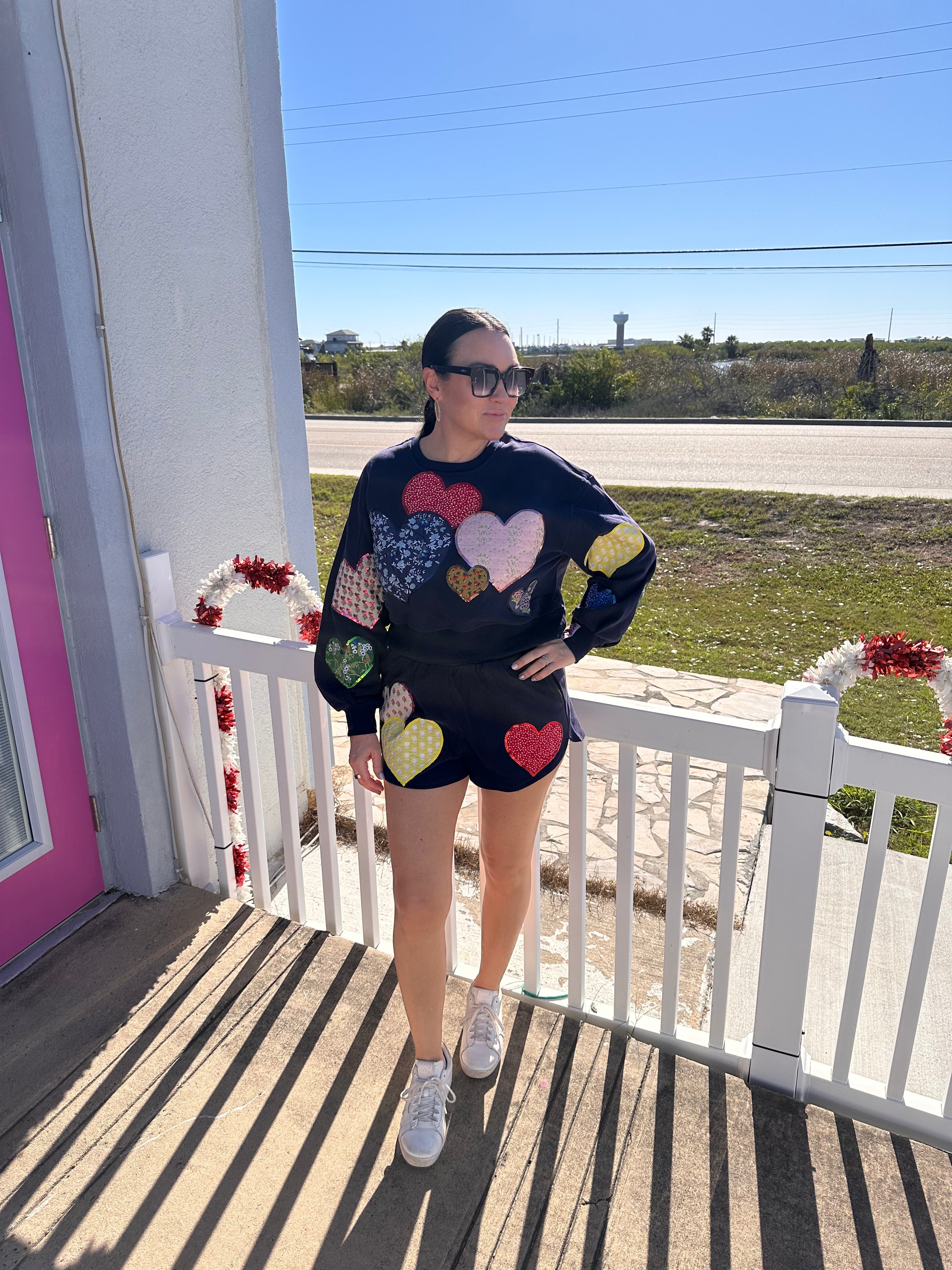 Queen of Sparkles Navy Multi Embroidered Hearts Shorts