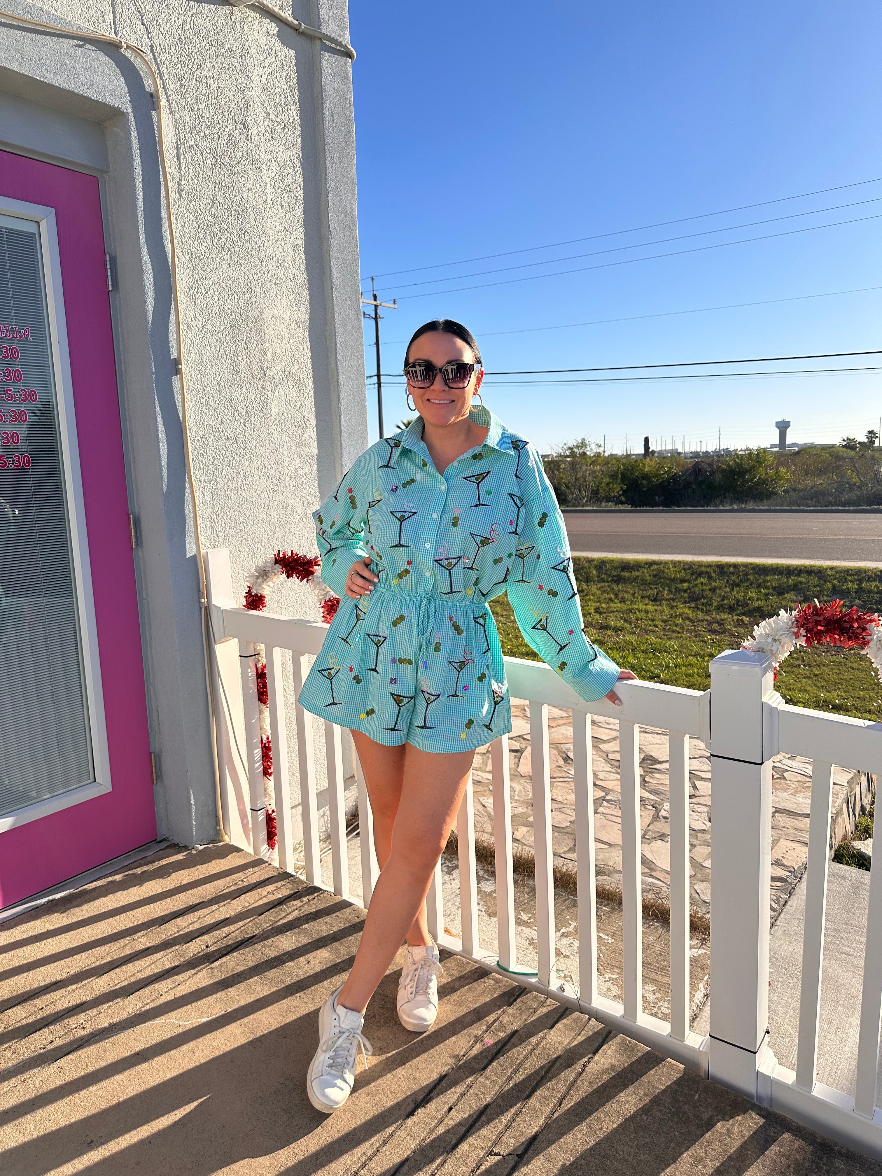 Queen of Sparkles Green & White Gingham Martini Button Up Tie Romper