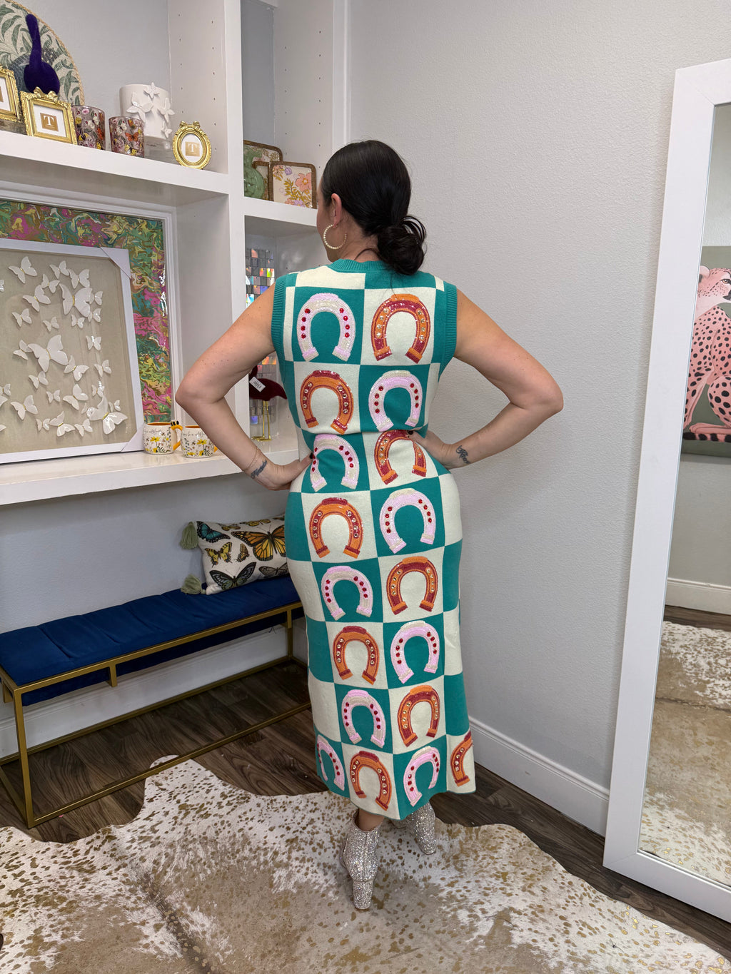 Queen of Sparkles Teal Checkered Horse Shoe Knit Maxi Dress