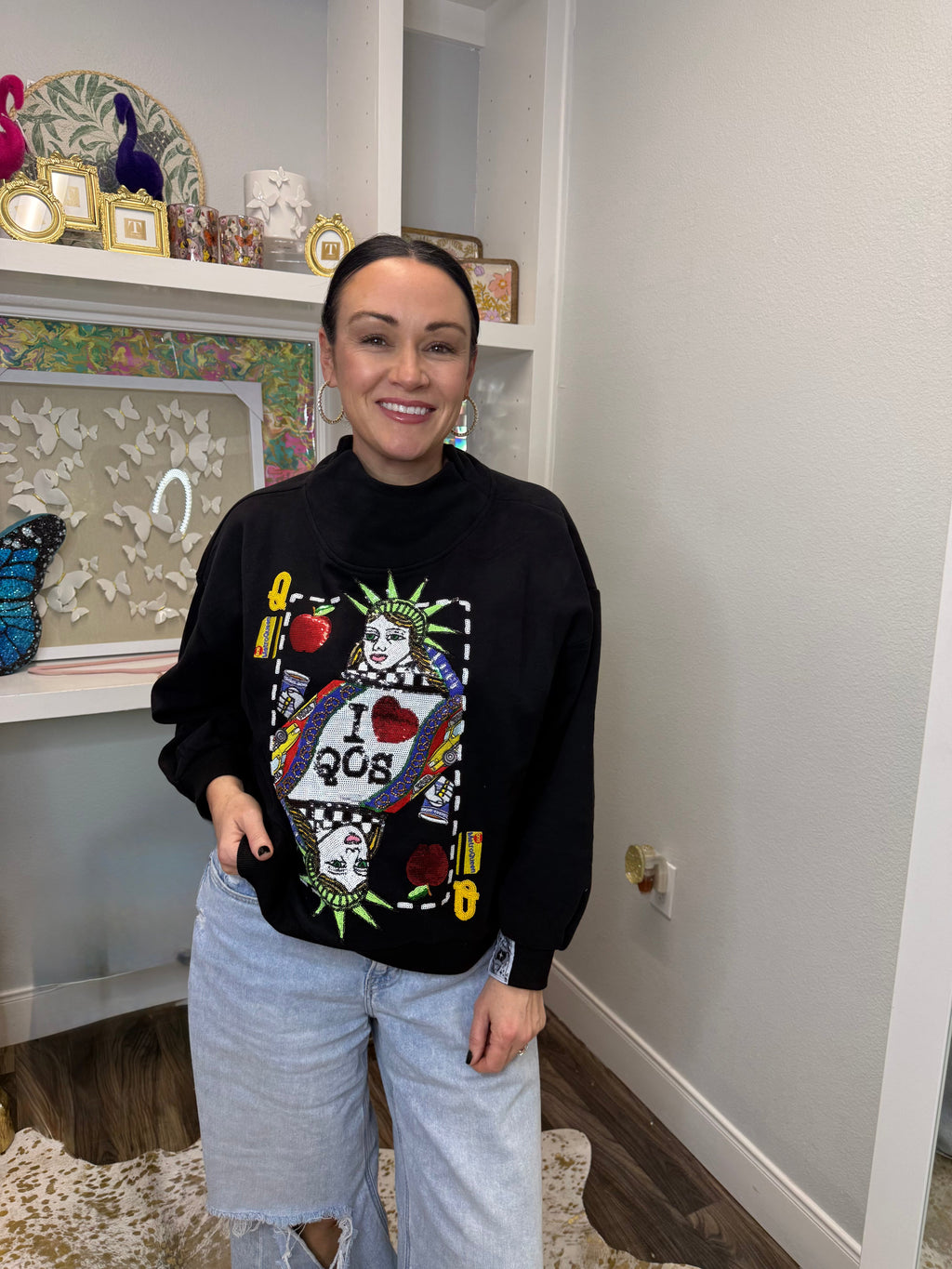 Queen of Sparkles Black NYC Queen Card Mock Neck Sweatshirt