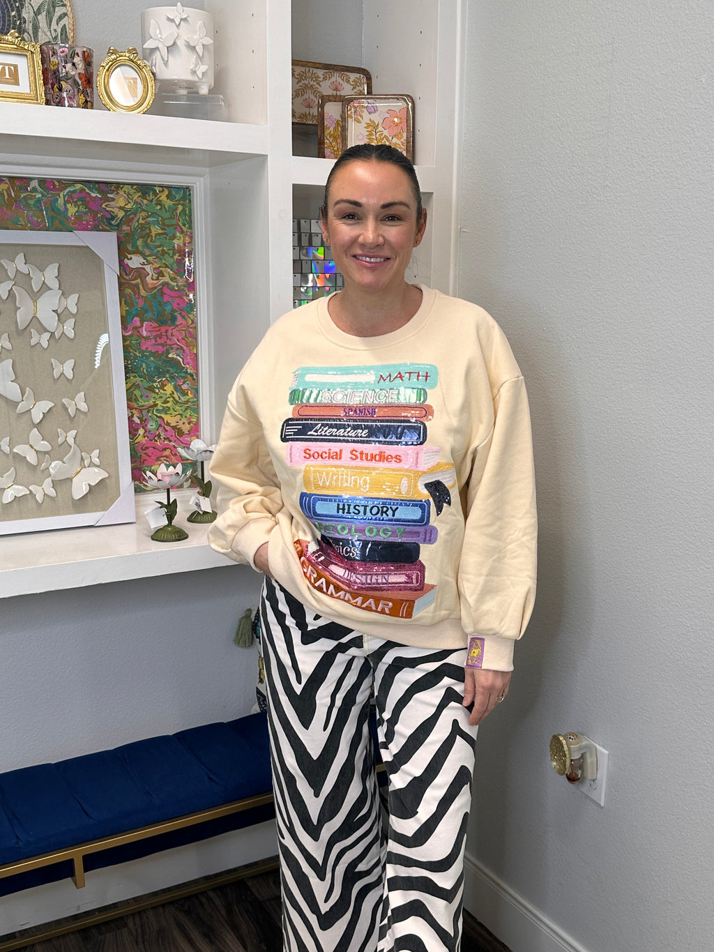 QOS Beige School Books Sweatshirt
