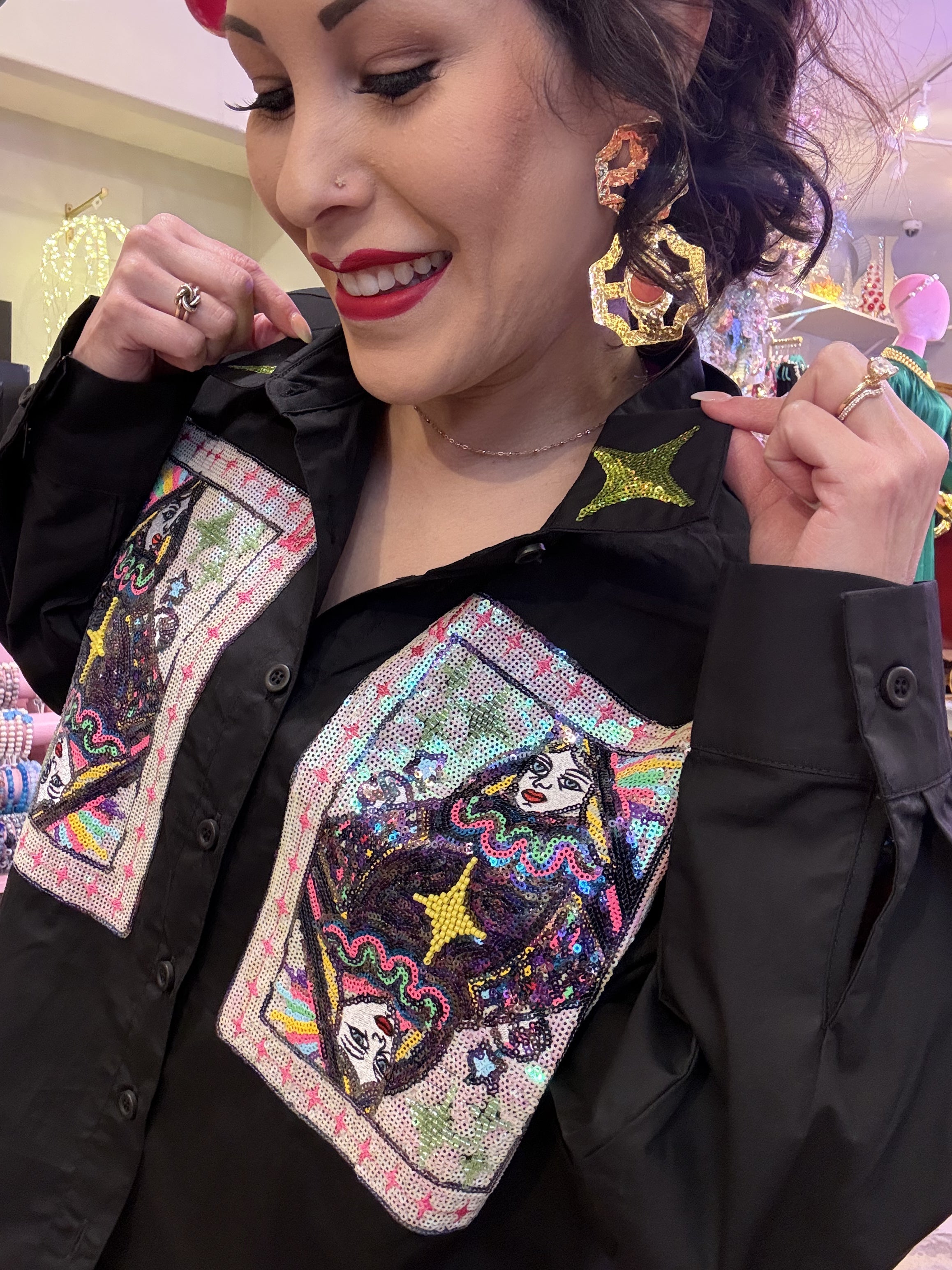 Queen of Sparkles Queen Card & Sparkle Collar Button Up Cotton Top