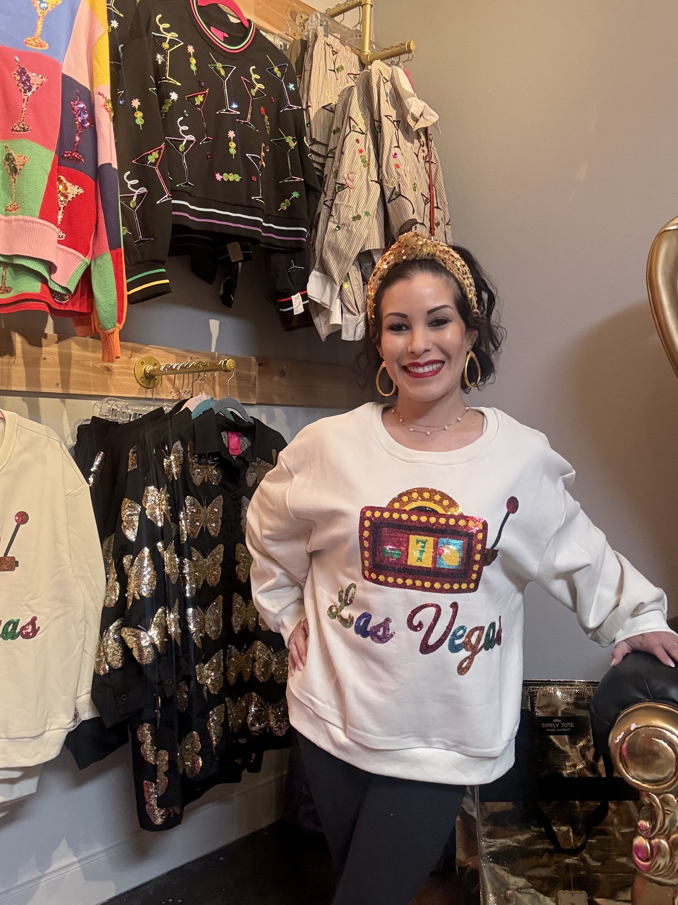 Queen of Sparkles Beige 'Las Vegas' City Icon Sweatshirt