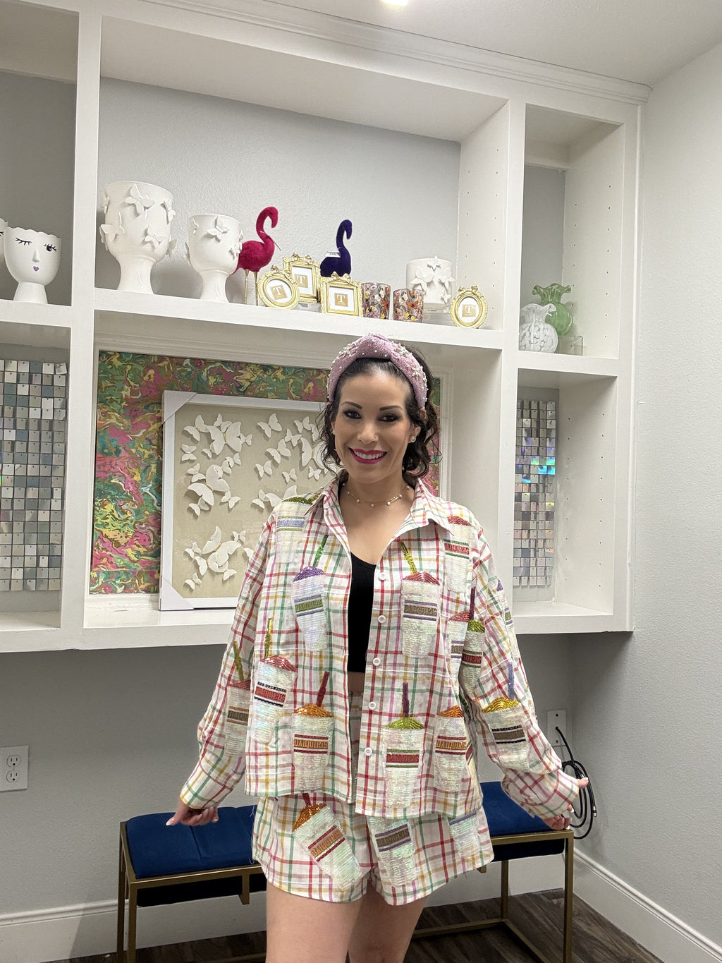 Queen of Sparkles Rainbow Plaid Daiquiri Cotton Button Up Long Sleeve Top