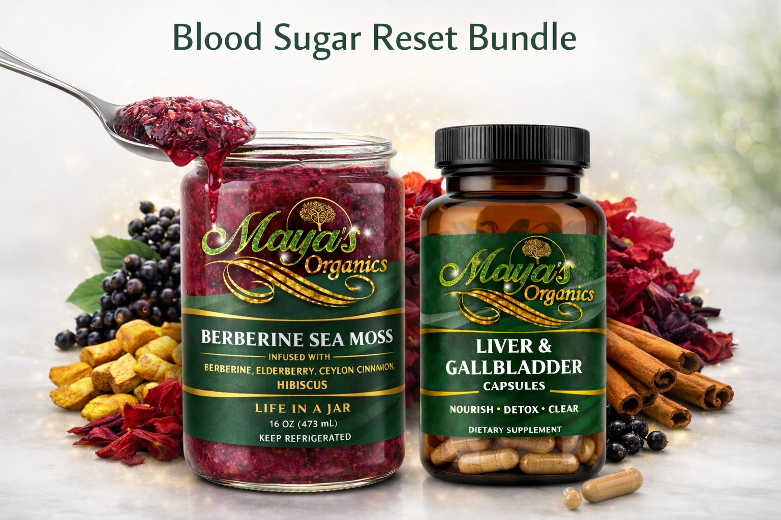 Blood Sugar Reset Bundle - Berberine Sea Moss Gel 16oz + Liver & Gallbladder Cleanse Detox Capsules (60 Caps)