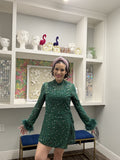 Queen of Sparkles Emerald Feather Sleeve Multi Rhinestone Sequin Short Romper