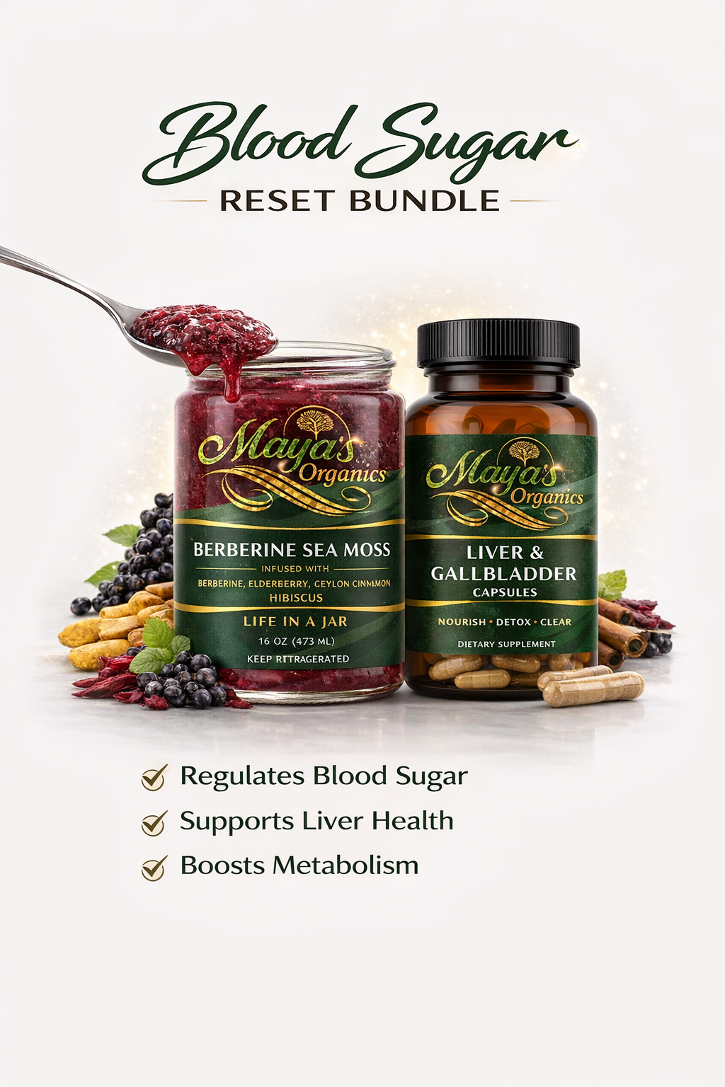 Blood Sugar Reset Bundle - Berberine Sea Moss Gel 16oz + Liver & Gallbladder Cleanse Detox Capsules (60 Caps)