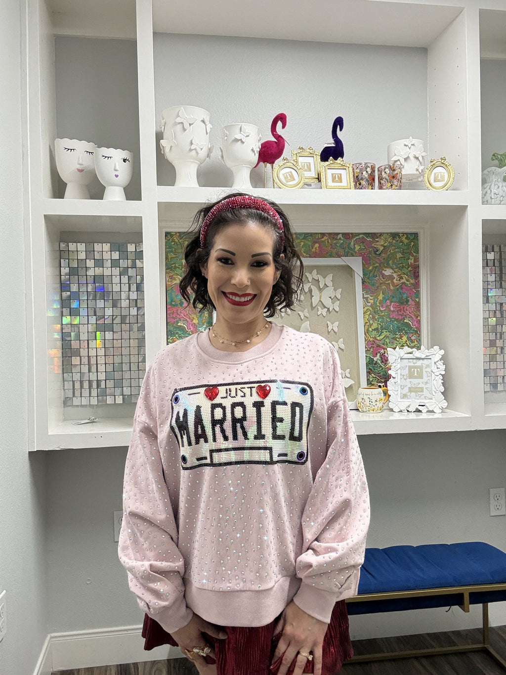 Queen of Sparkles Pale Pink Rhinestone 'Just Married' Sweatshirt