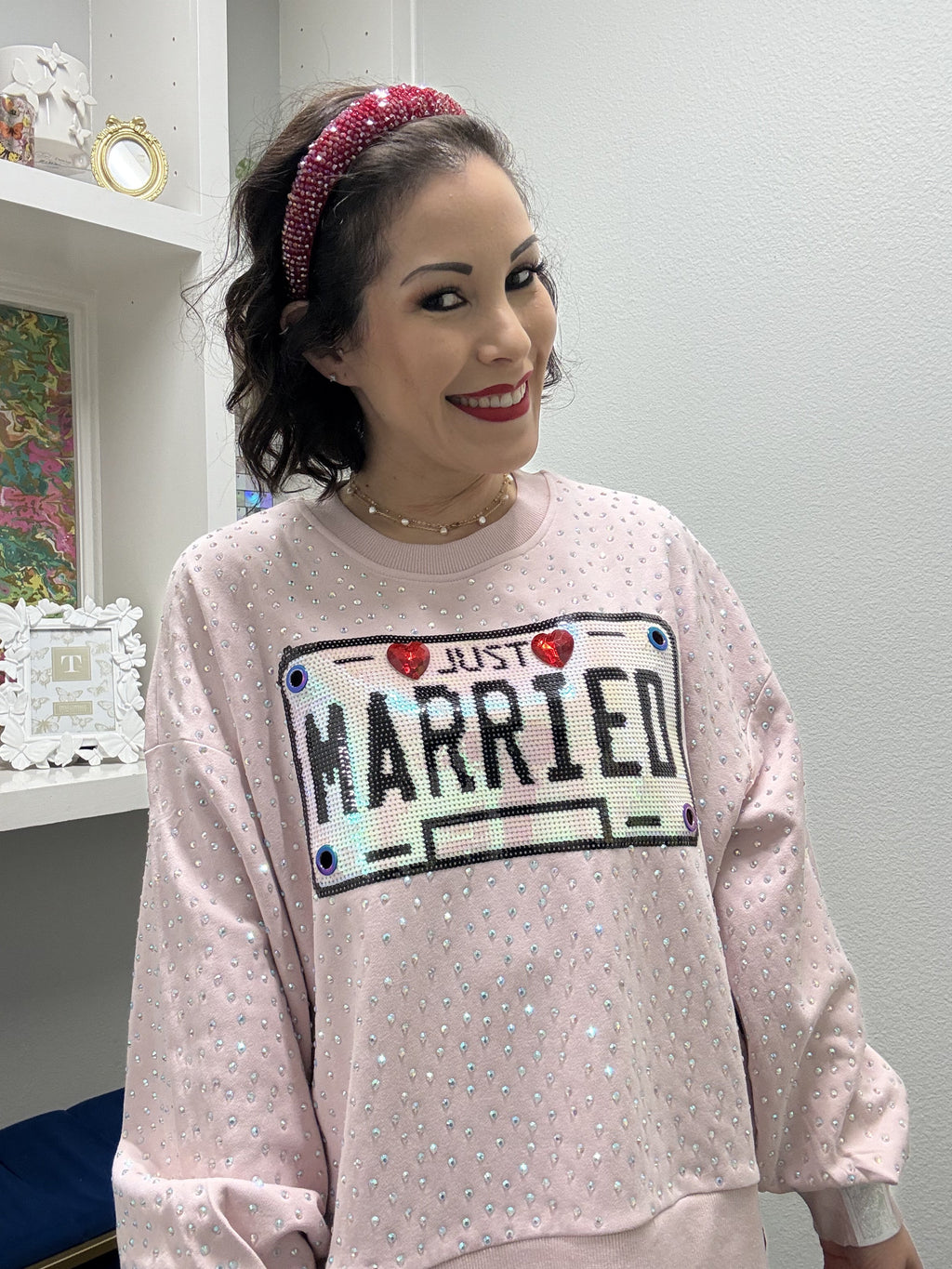Queen of Sparkles Pale Pink Rhinestone 'Just Married' Sweatshirt