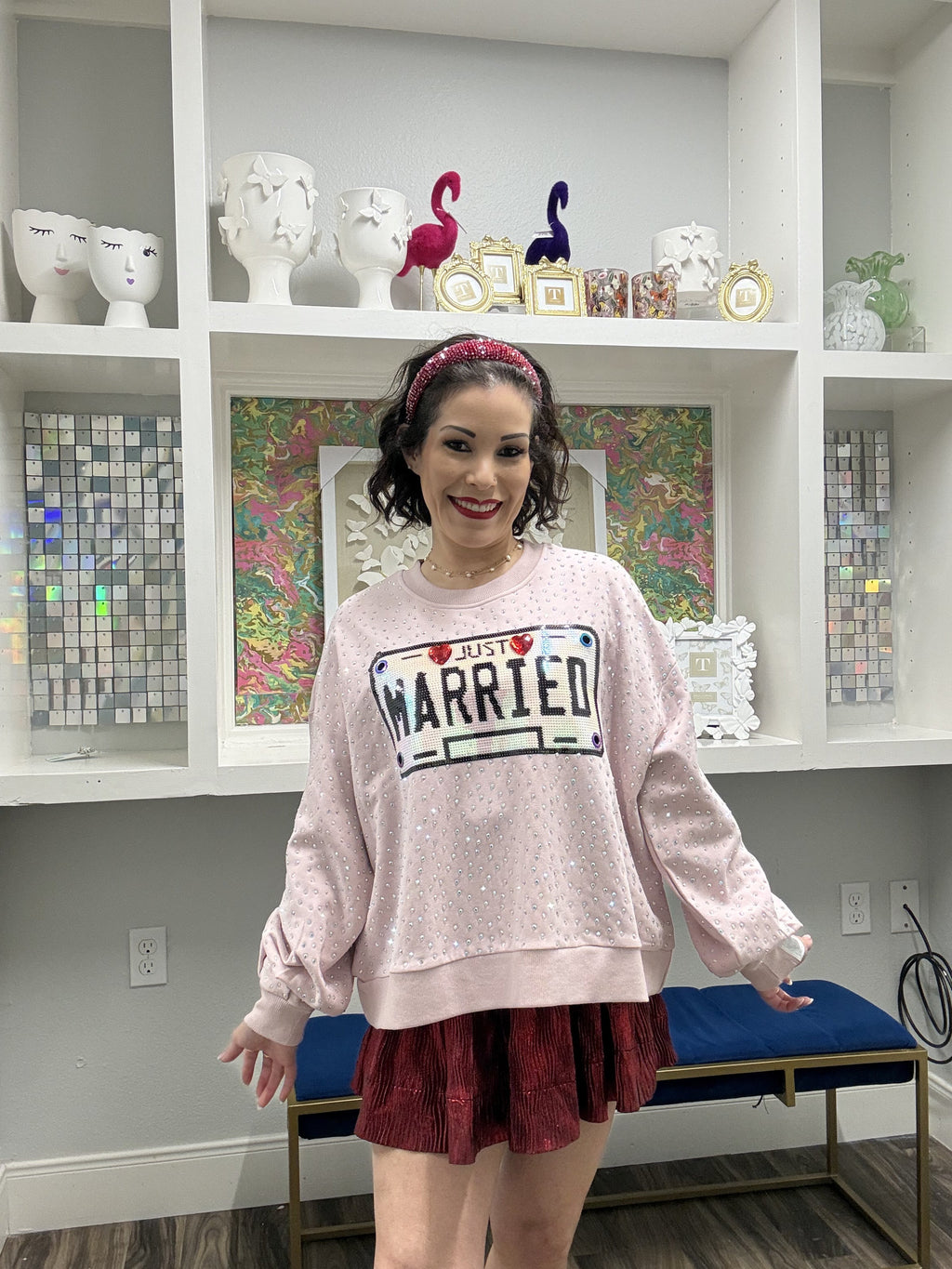 Queen of Sparkles Pale Pink Rhinestone 'Just Married' Sweatshirt