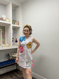 Queen of Sparkles White & Black Striped Multi Oversized Sequin Flower Dress