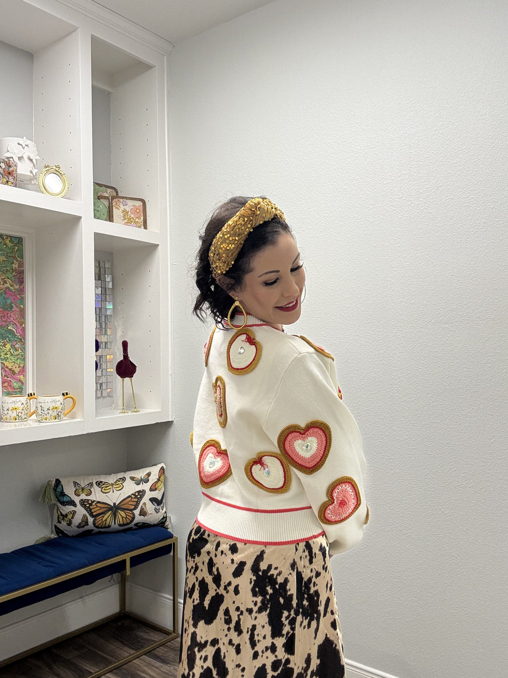 Queen of Sparkles White Knit Valentines Heart Cookies Button Up Cardigan