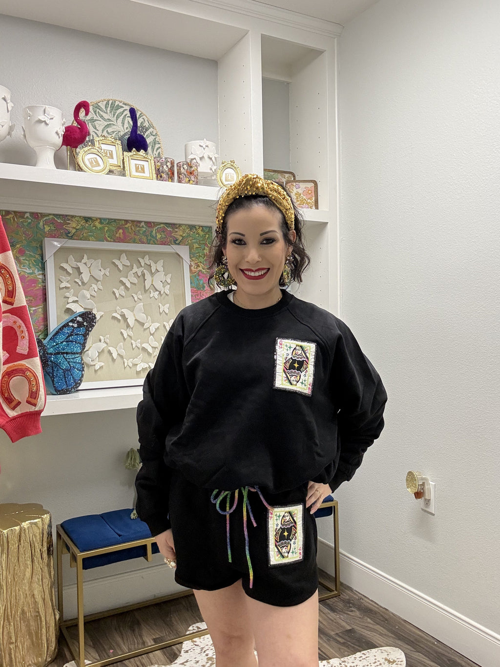 QOS Black QOS Queen Card Rhinestone Tie Sweatshirt