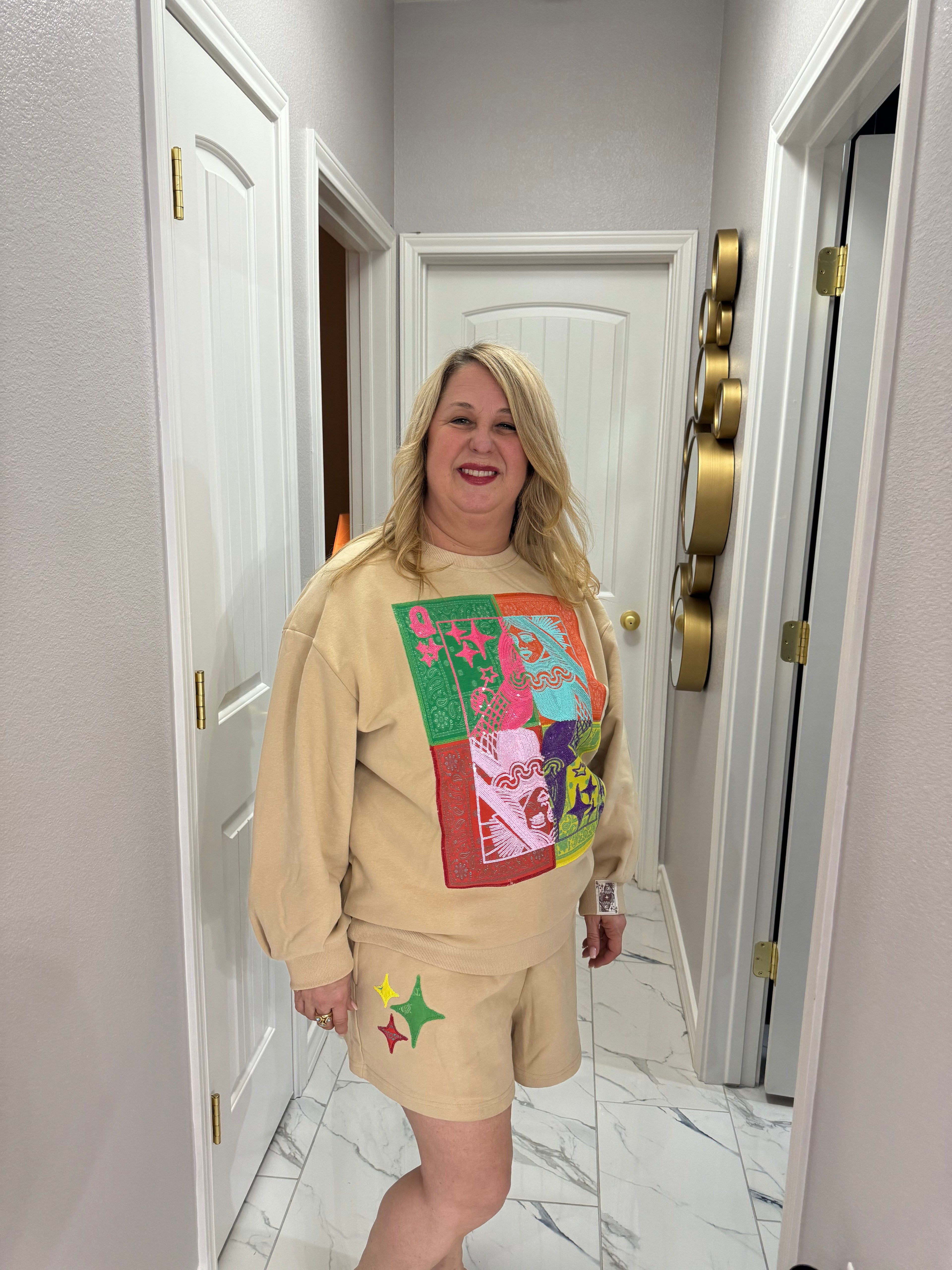 QOS Beige Colorblock Bandana QOS Card Logo Sweatshirt