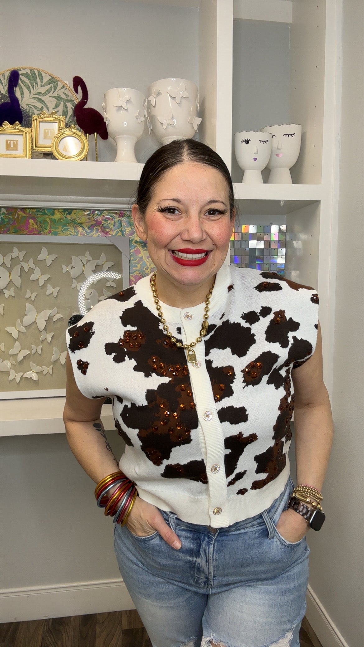 QOS White & Brown Sequin Cow Print Button Up Vest