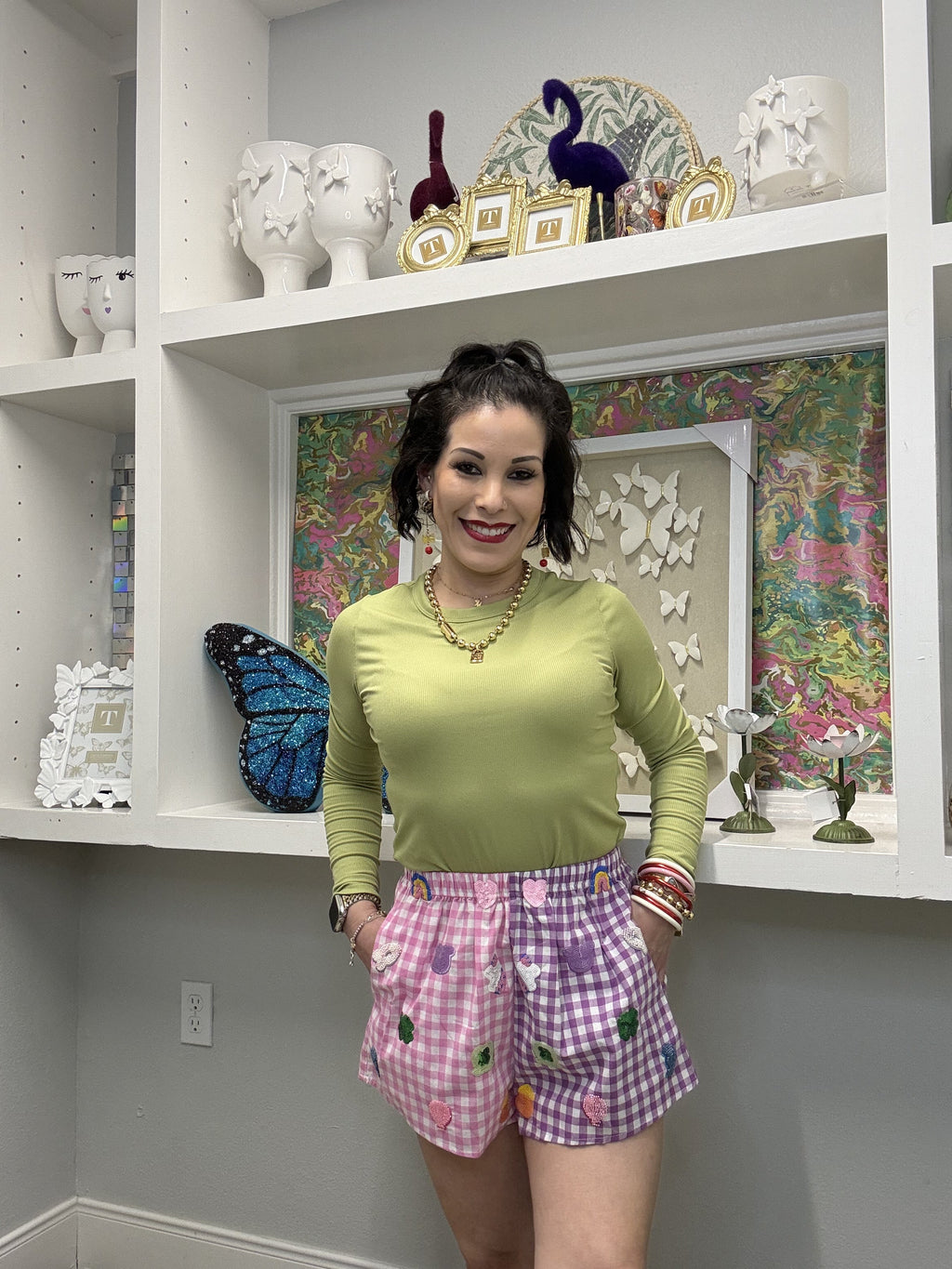 QOS Rainbow Gingham Colorblock Lucky Charms Cotton Short