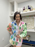 QOS Striped Colorblock Sequin Tulip Button Up Cotton Long Sleeve Top