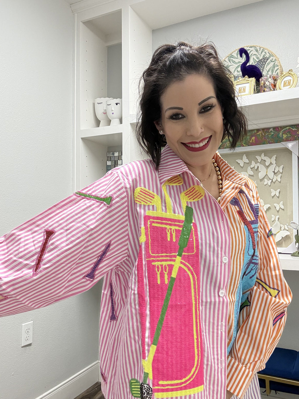 QOS Pink & Orange Striped Colorblock Golf Clubs Button Up Top