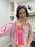 QOS Pink & Orange Striped Colorblock Golf Clubs Button Up Top