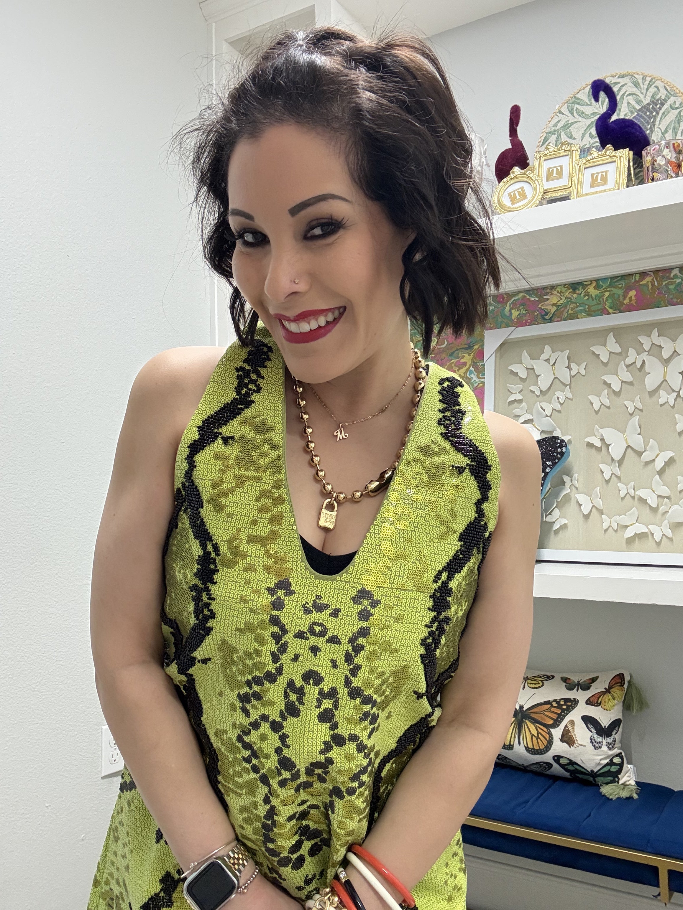 QOS Green & Black Snake Print Full Sequin V Neck Tank Dress