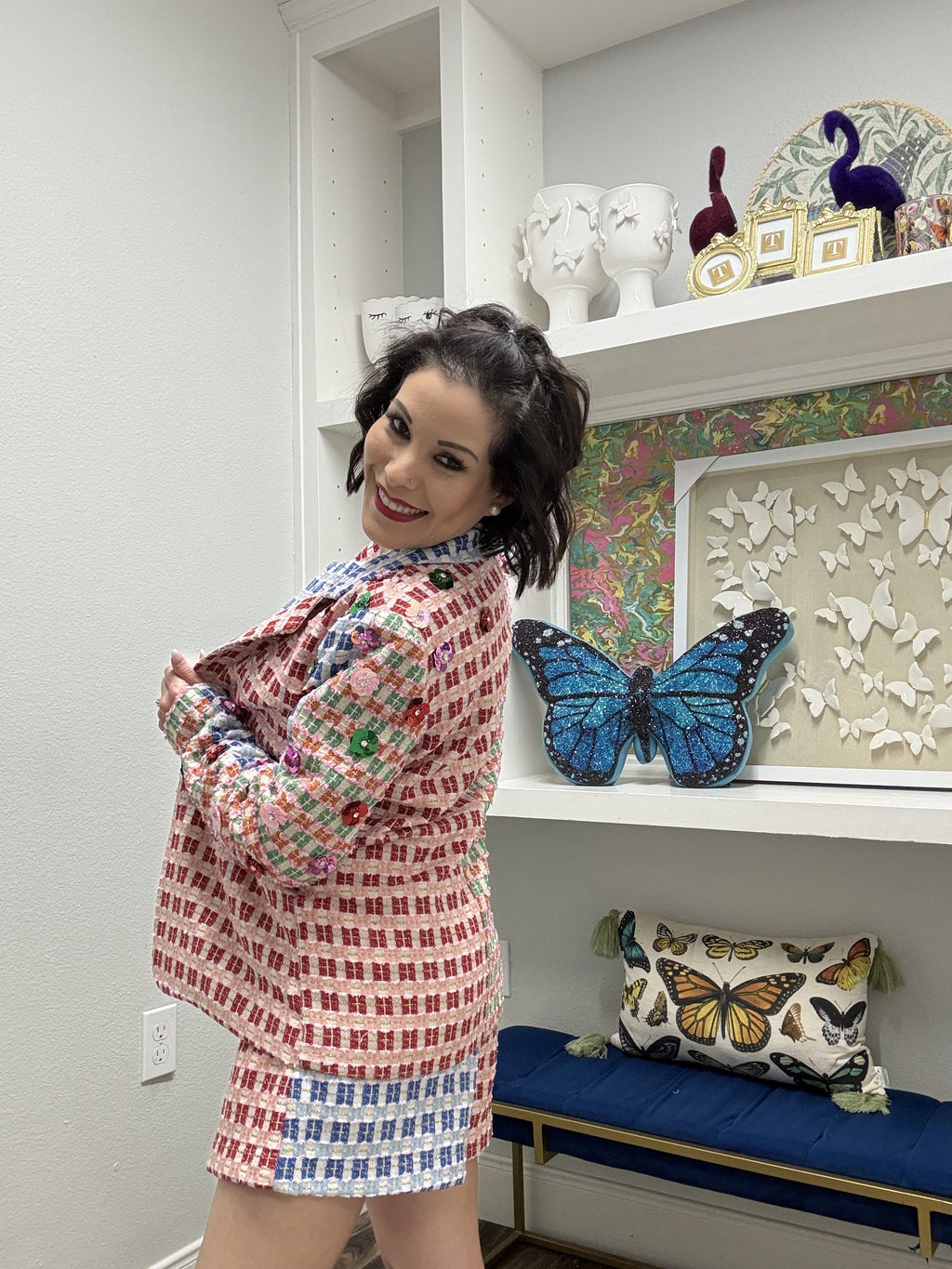 QOS Colorblock Tweed Flower Sleeve Blazer