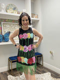QOS Black Multi Rose Fringe Tank Dress