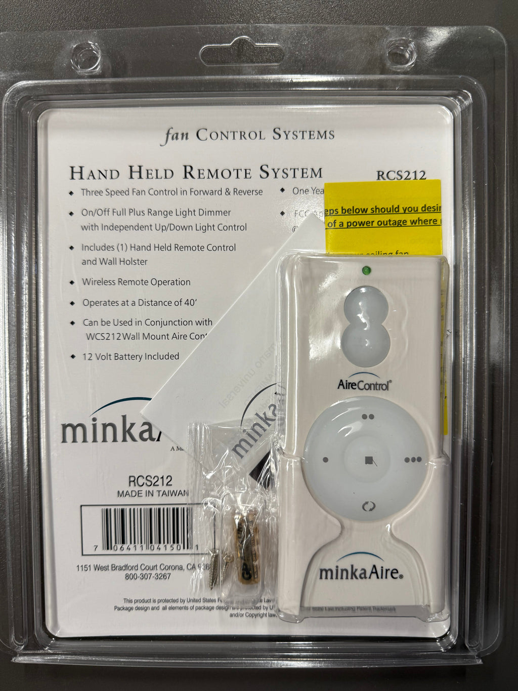 Minka-Aire 3-Speed 256 Bit Handheld Ceiling Fan Remote Control with Reverse Key - White - RCS212, TR110A, KUJCE10007