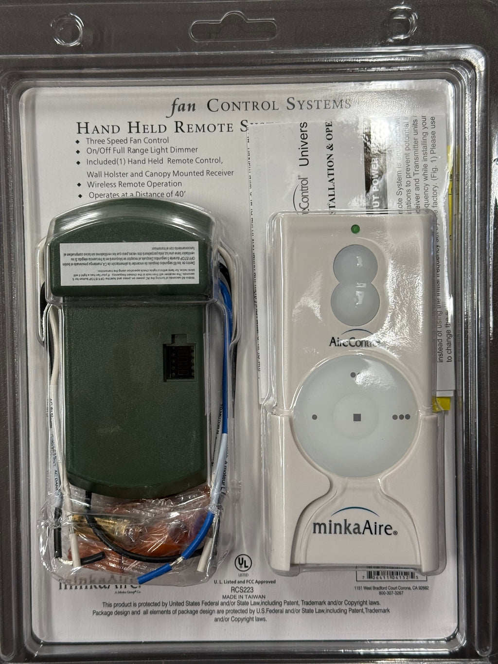 Minka-Aire AireControl 3 Speed Universal 256 Bit Handheld Ceiling Fan Remote Control for LED with Receiver Kit - White - RCS223