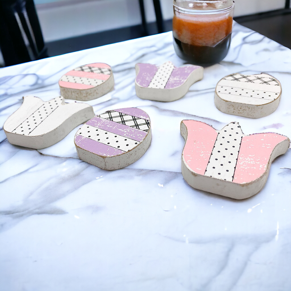 Handmade Wooden Spring Easter Decor 6Pc Accents Tulips And Easter Eggs Mantel Tier Tray Display