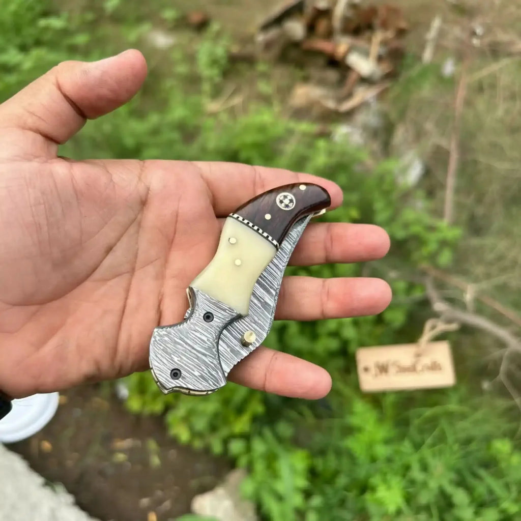 Damascus Hawkbill Folding Pruning Knife — Liner Lock, Rosewood & Bone Handle, Mosaic Pin