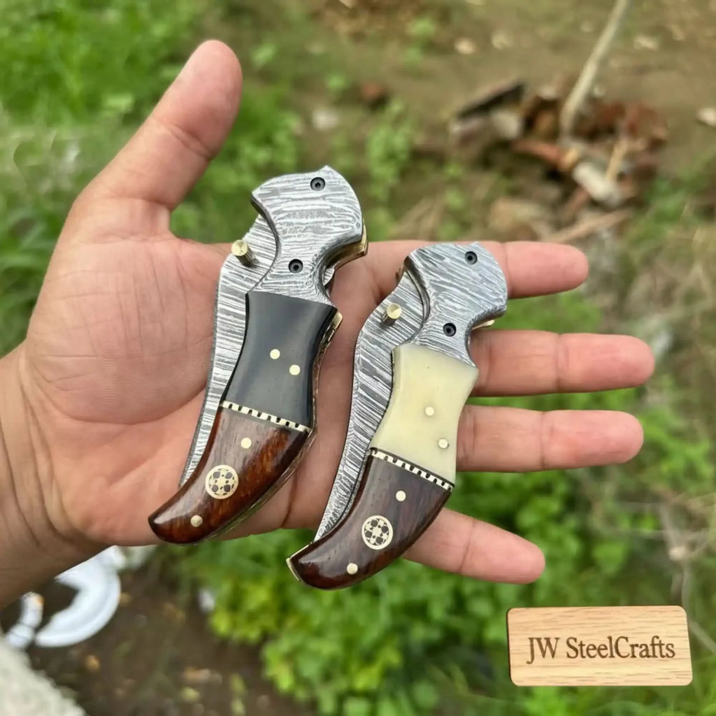2-Piece Damascus Hawkbill Folding Pocket Knives — Liner Lock, Rosewood Black & Cream Resin Handles, Brass Bolsters