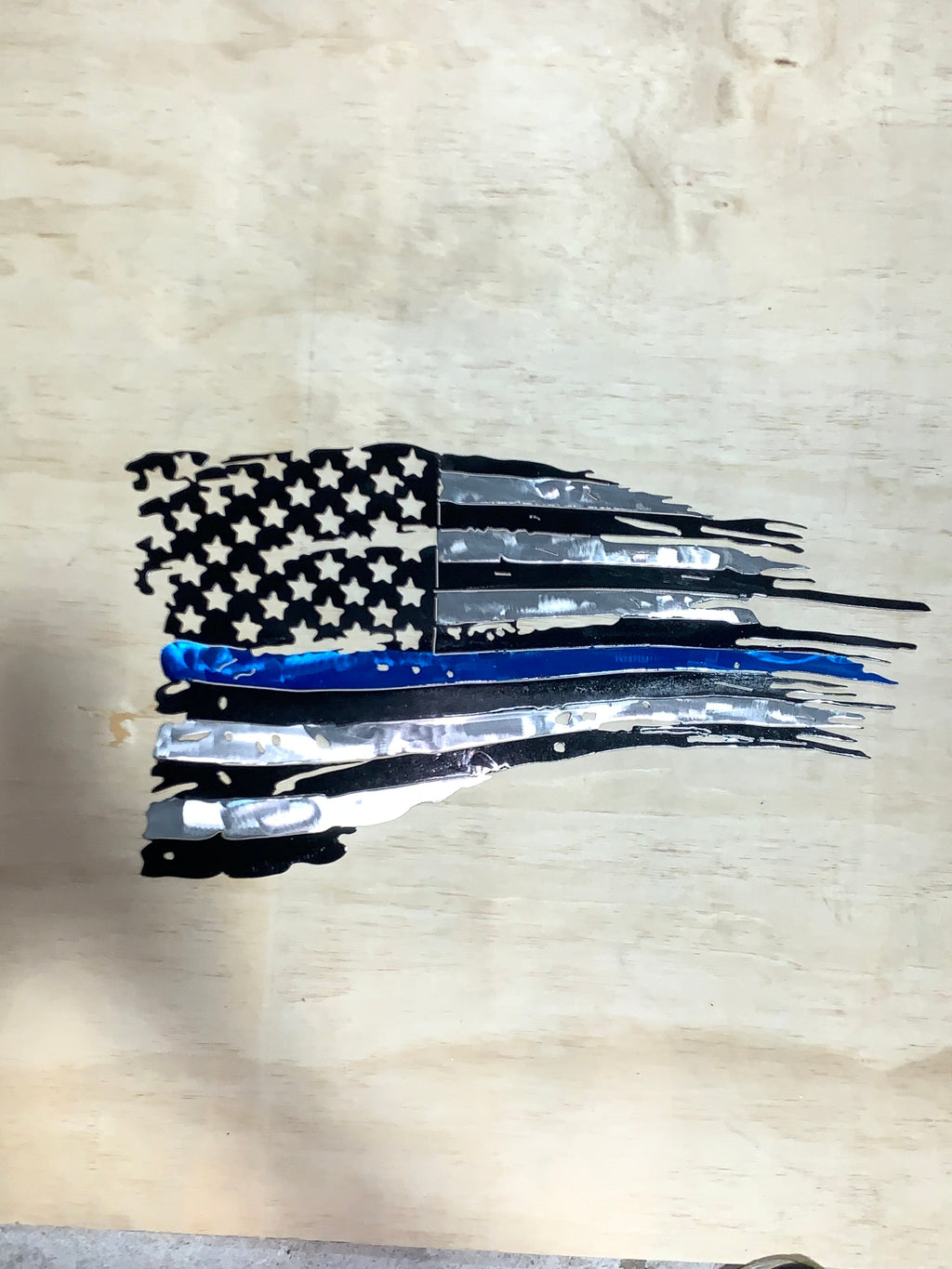Tattered Thin Blue Line American Flag Custom Metal Wall Art / Back The Blue American Flag
