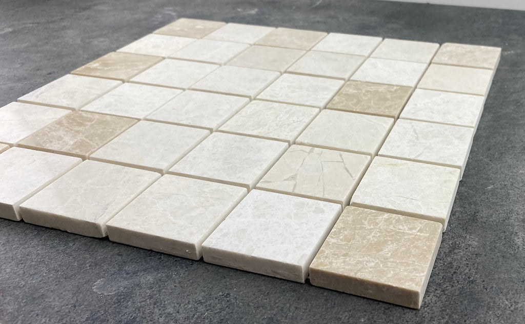 Vanilla Beige Natural Marble Honed Mosaic Tile 2x2 - Pre-mounted 12x12 Mesh Sheet