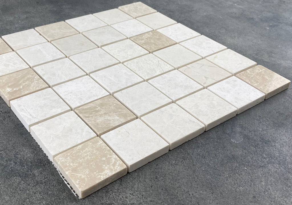 Vanilla Beige Natural Marble Honed Mosaic Tile 2x2 - Pre-mounted 12x12 Mesh Sheet