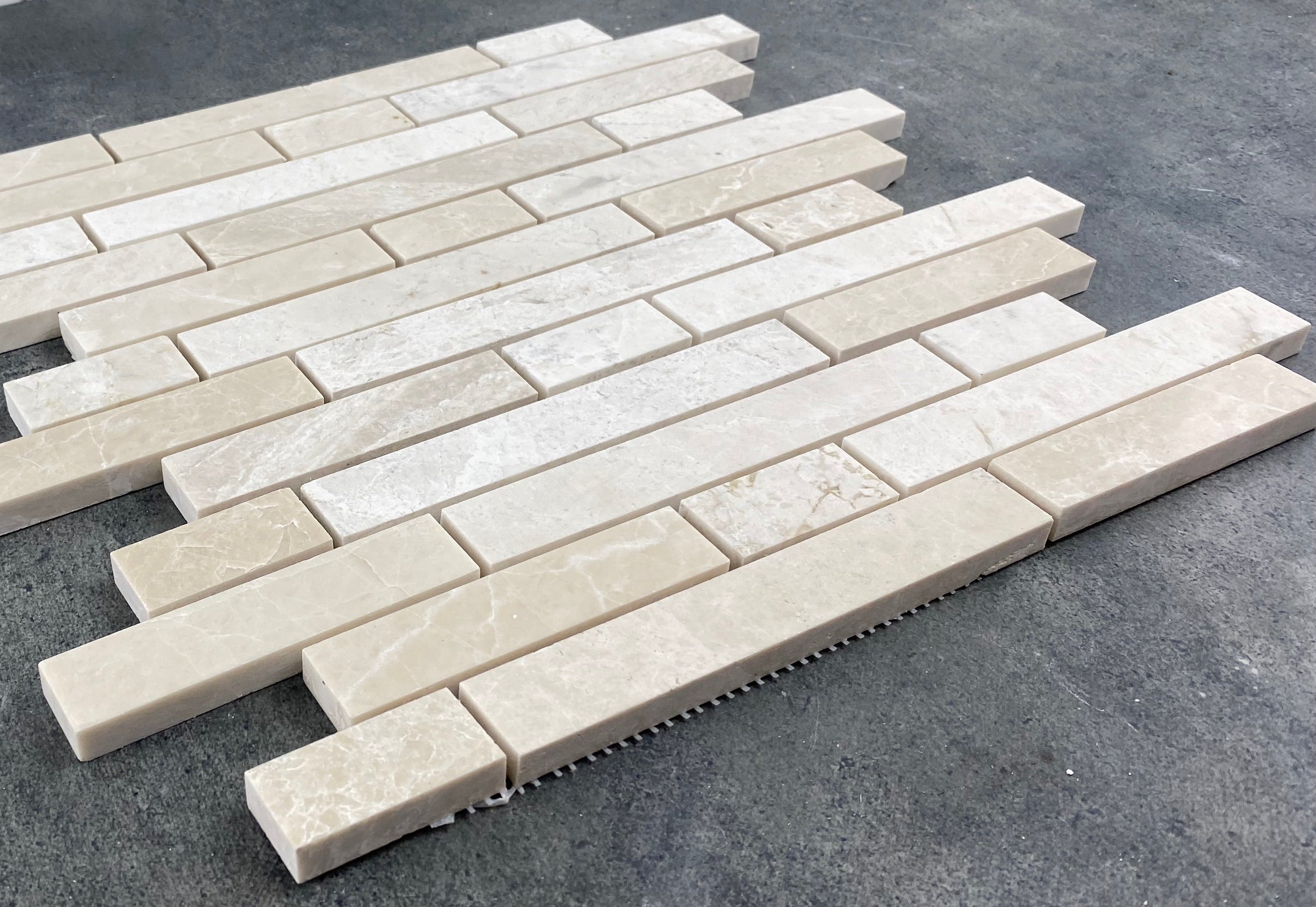 Vanilla Beige Marble Strip Liner Mosaic Tile - Honed Mesh 12x12