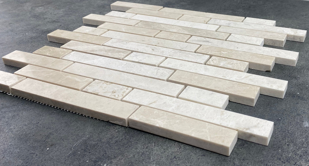 Vanilla Beige Marble Strip Liner Mosaic Tile - Honed Mesh 12x12