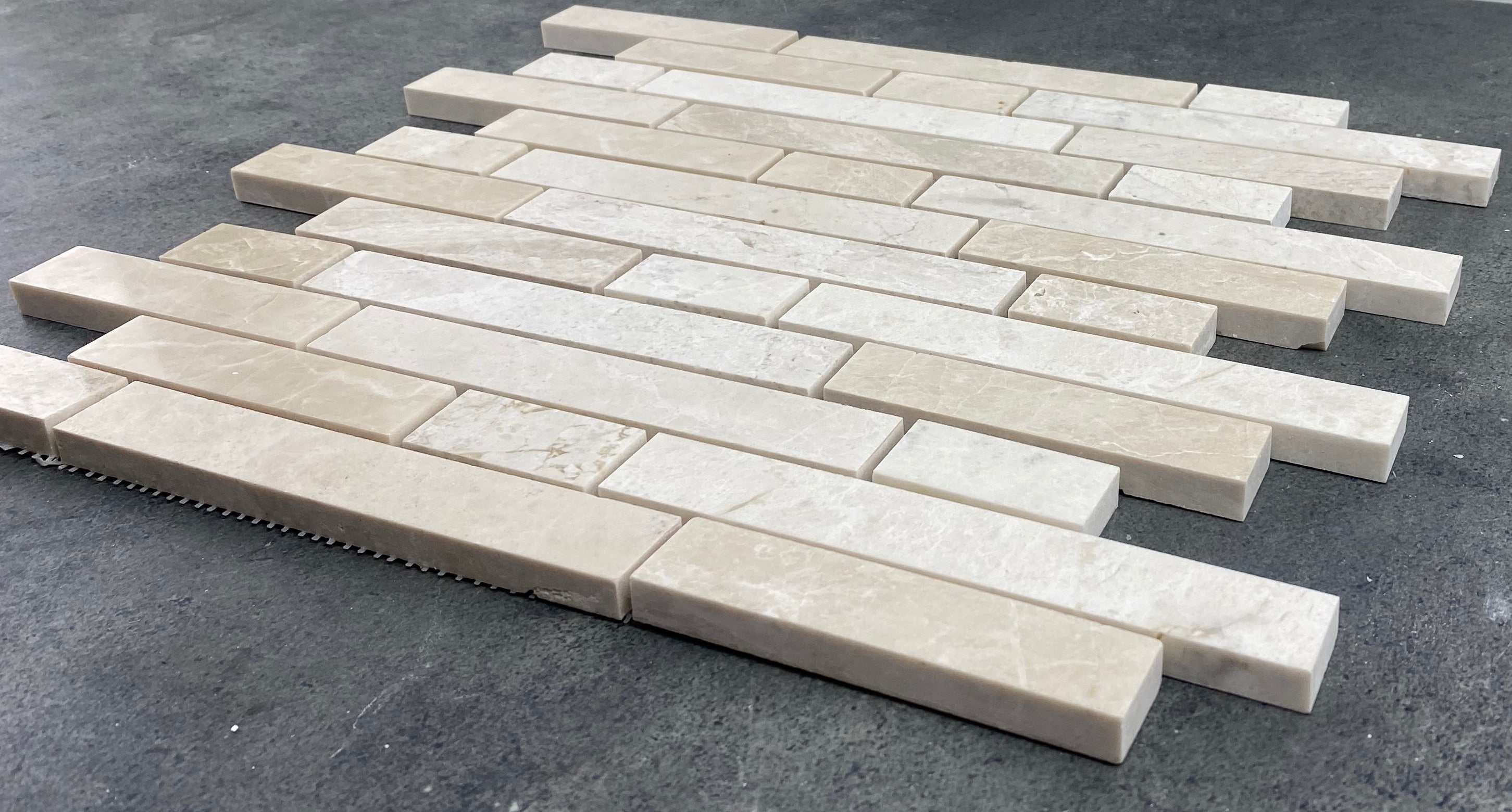 Vanilla Beige Marble Strip Liner Mosaic Tile - Honed Mesh 12x12