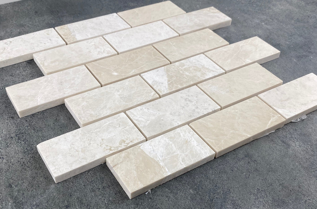 Vanilla Beige Marble Brick Mosaic Tile - Honed 2x4 on 12x12 Mesh