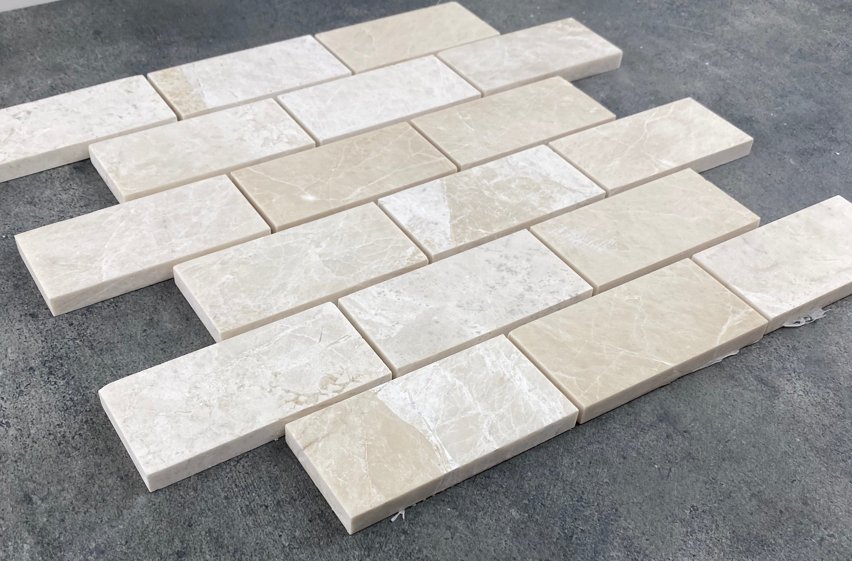 Vanilla Beige Marble Brick Mosaic Tile - Honed 2x4 on 12x12 Mesh