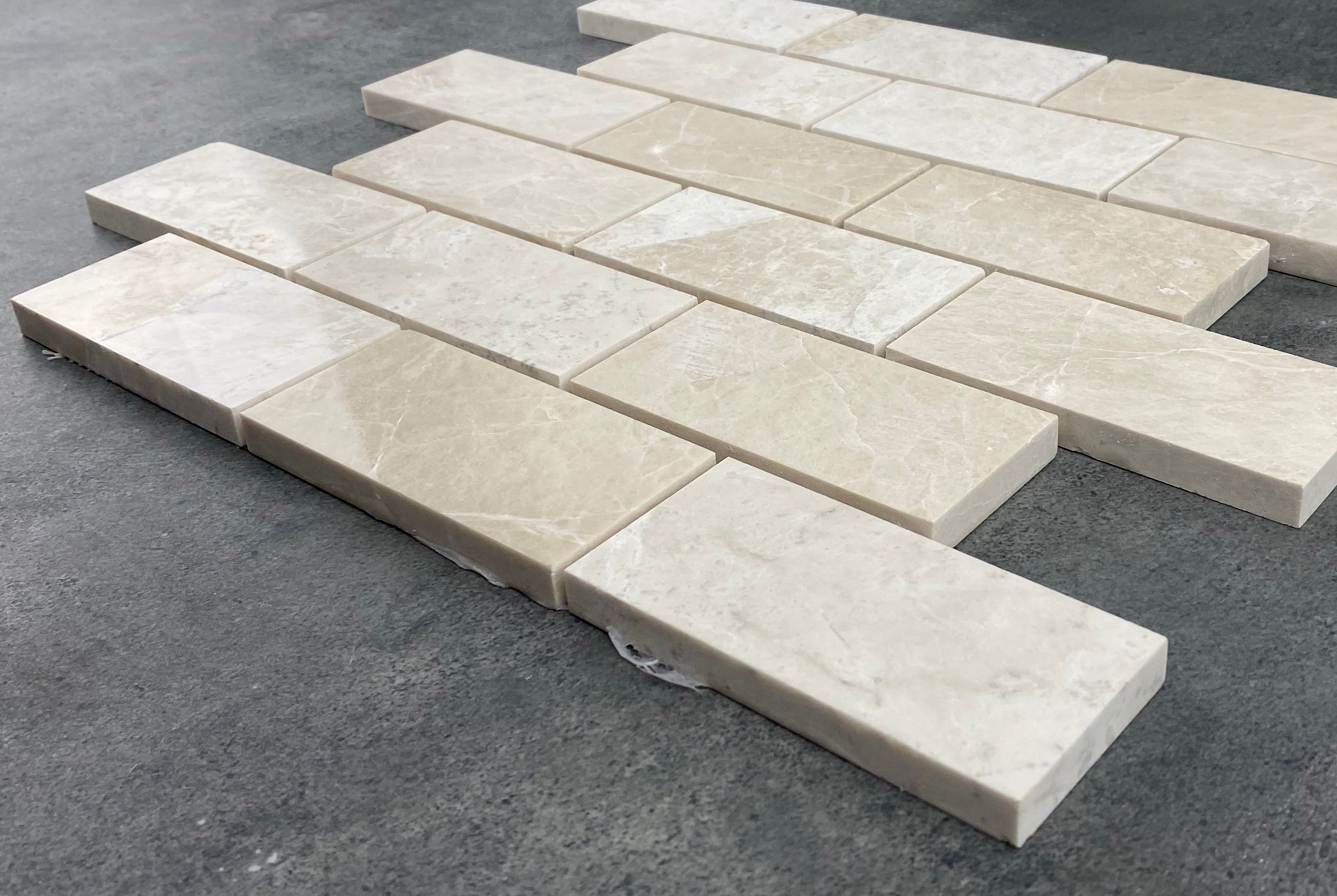 Vanilla Beige Marble Brick Mosaic Tile - Honed 2x4 on 12x12 Mesh