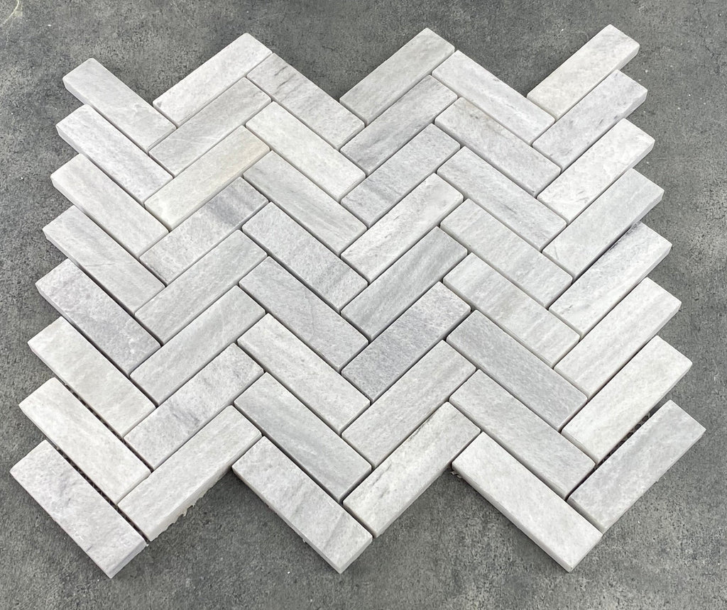 White Herringbone Marble Mosaic Tile 1x3 - 12x12 Pre Assembled
