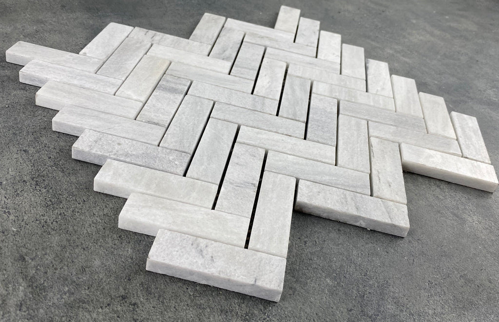 White Herringbone Marble Mosaic Tile 1x3 - 12x12 Pre Assembled