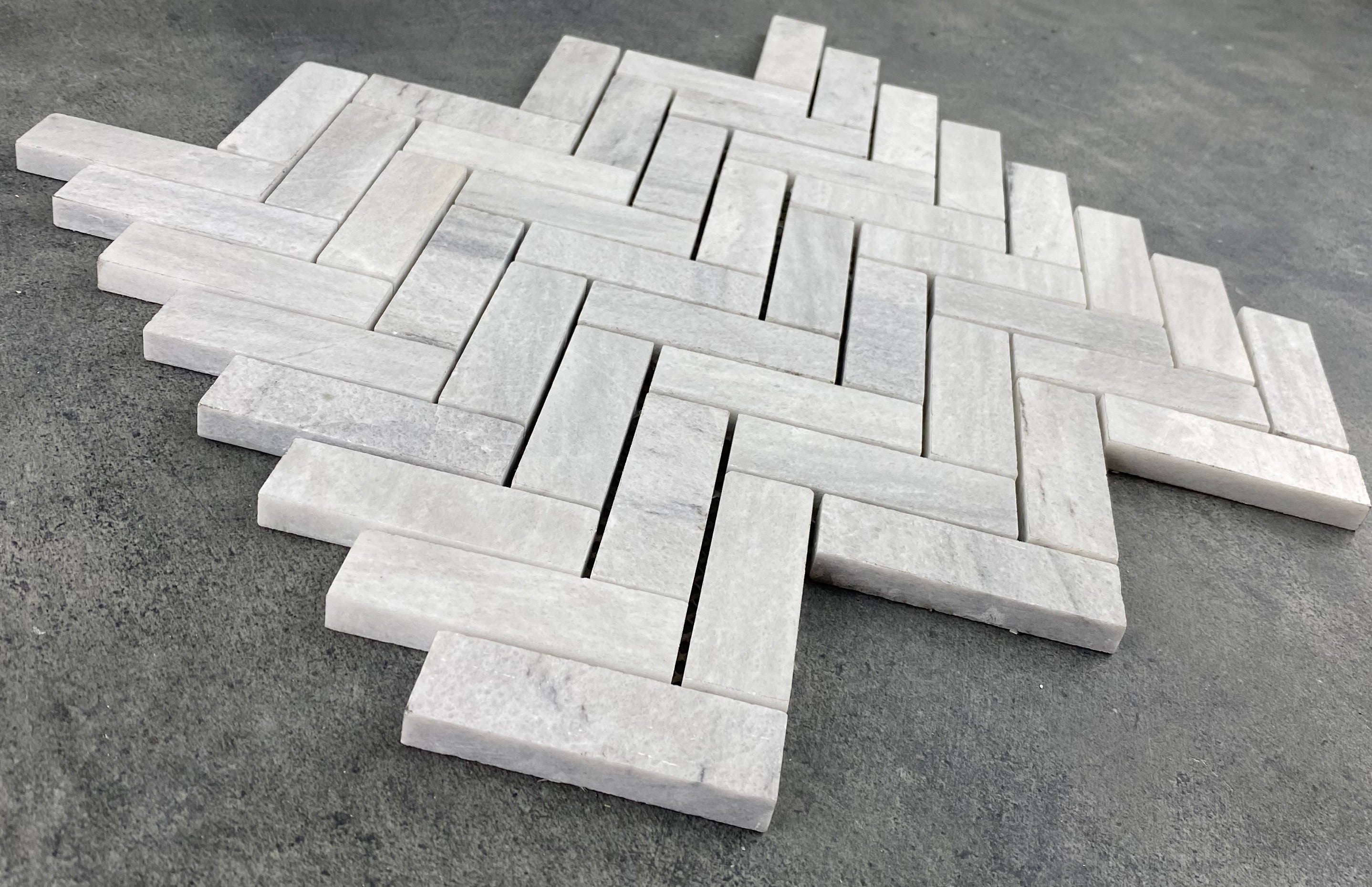 White Herringbone Marble Mosaic Tile 1x3 - 12x12 Pre Assembled